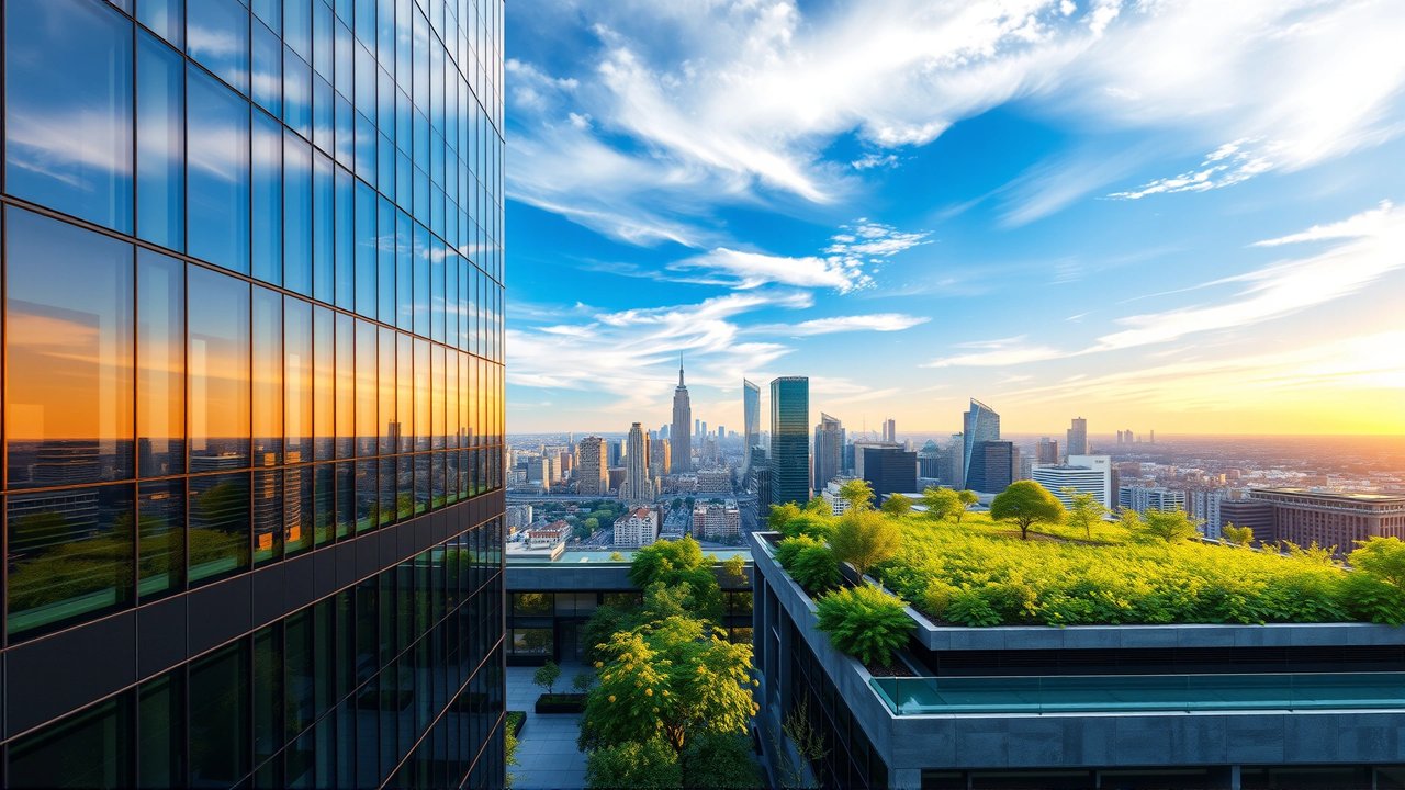 Edificio corporativo sostenible, ahorro energético brillante