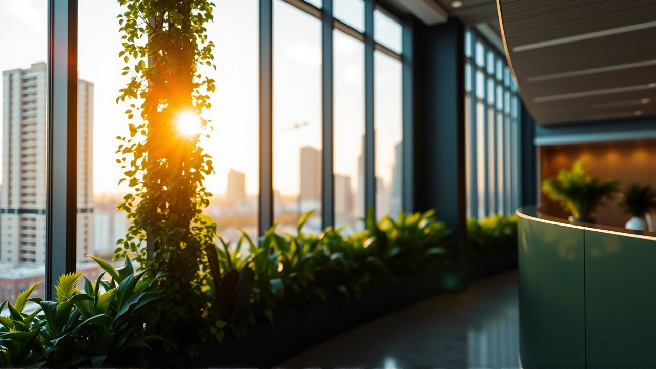 Oficina sostenible, ahorro energético, futuro empresarial