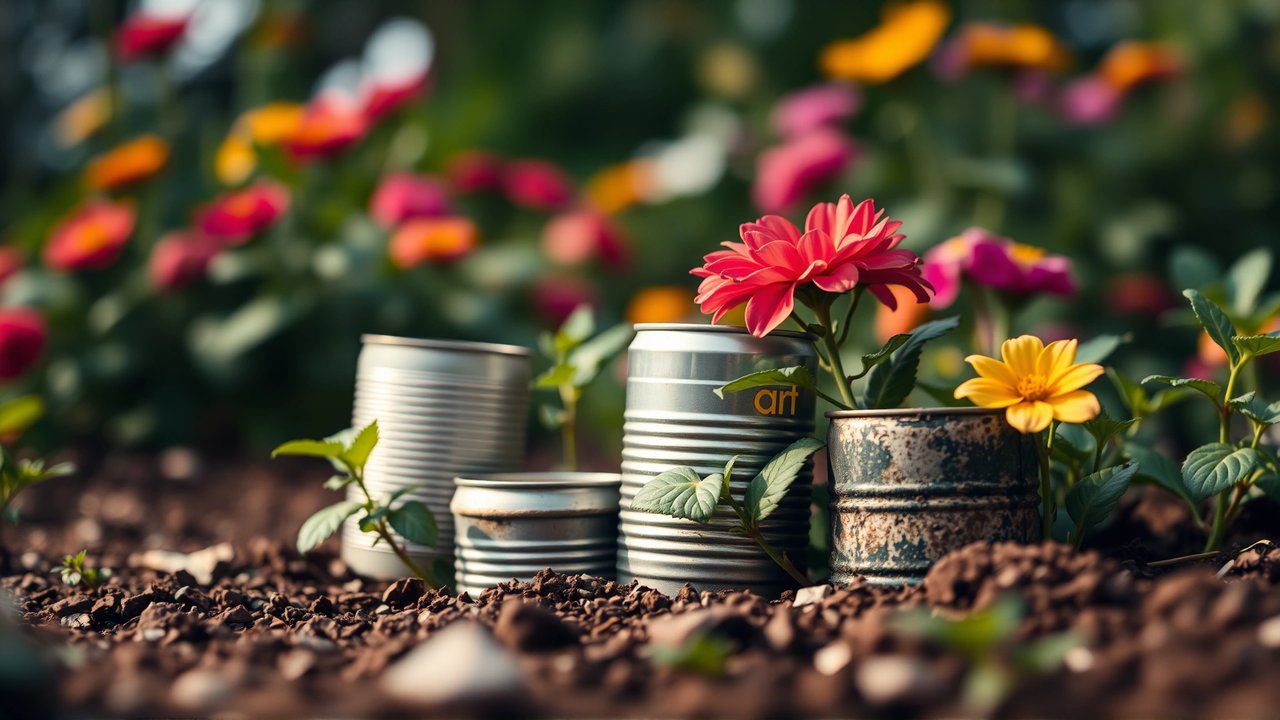 Latas recicladas, jardín florido y sostenible