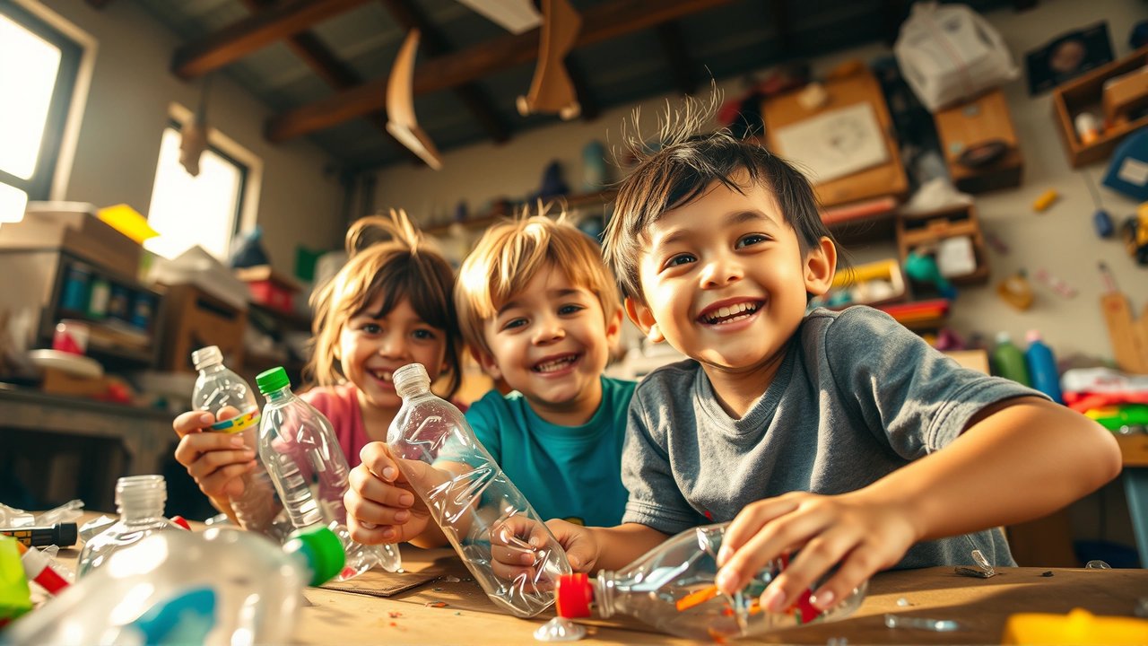 Niños creando con materiales reciclados y alegría