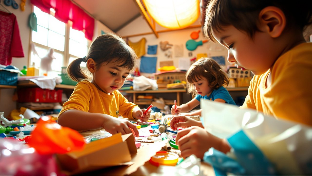 Niños creando con materiales reciclados felices